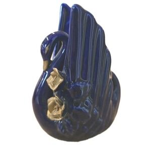 VTG Japan Mini Cobalt Blue Swan Figurine 18K Gold Accent Ceramic Vase Soliflore